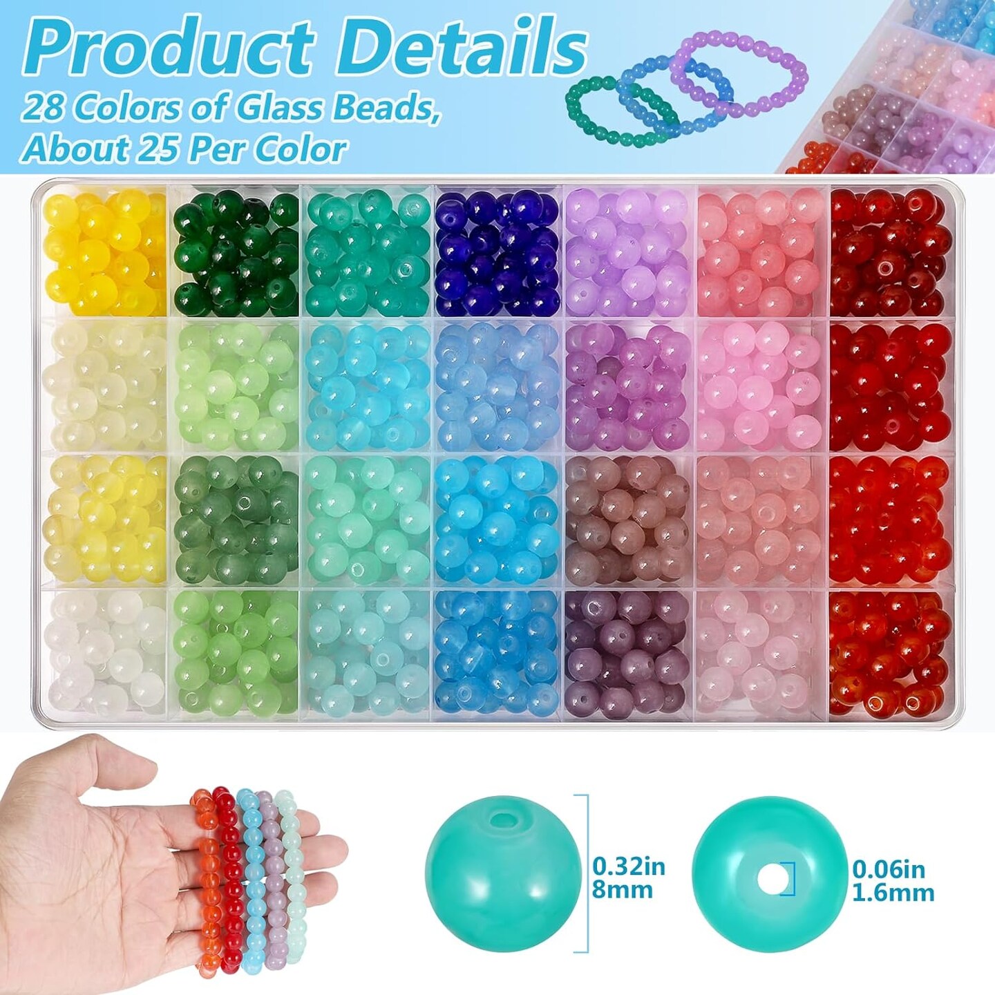 700 Pcs 8mm Glass Beads for Jewelry Making,28 Colors Crystal Beads Bracelet Making Kit for Bracelet Jewelry Making and DIY Crafts