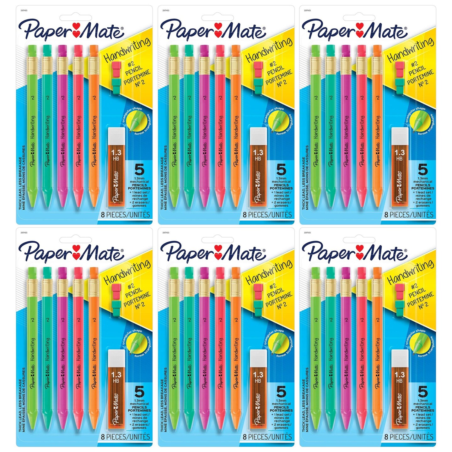 Handwriting Triangular Mechanical Pencil Set with Lead & Eraser Refills, 1.3mm, 5 Per Pack, 6 Packs