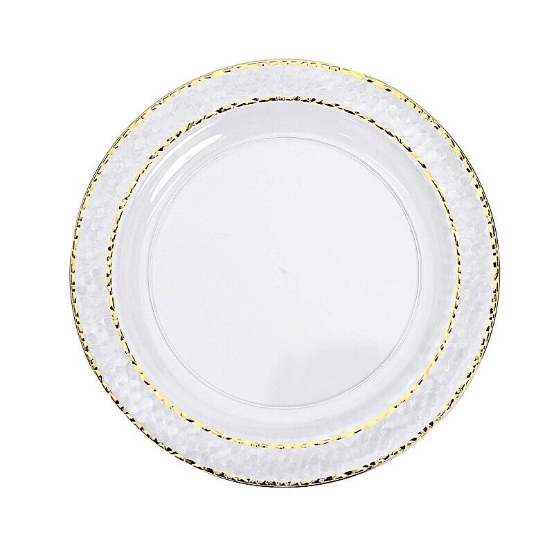 50 CLEAR 10&#x22; Round Salad PLATES Hammered GOLD Trim