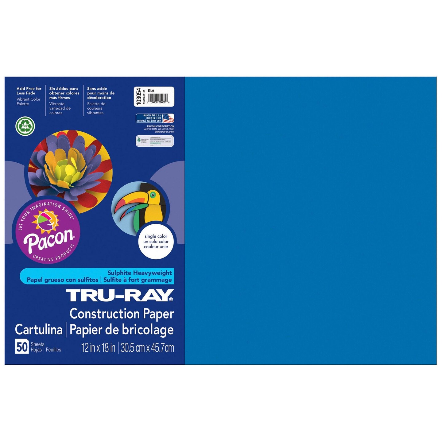 Construction Paper, Blue, 12&#x22; x 18&#x22;, 50 Sheets Per Pack, 5 Packs