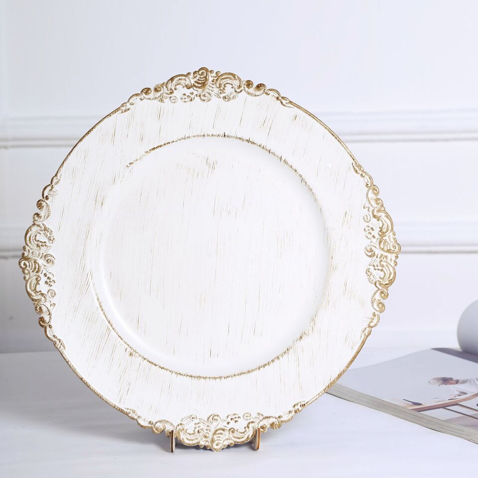 24 WHITE GOLD 13&#x22; Round Embossed Rim Charger Plates