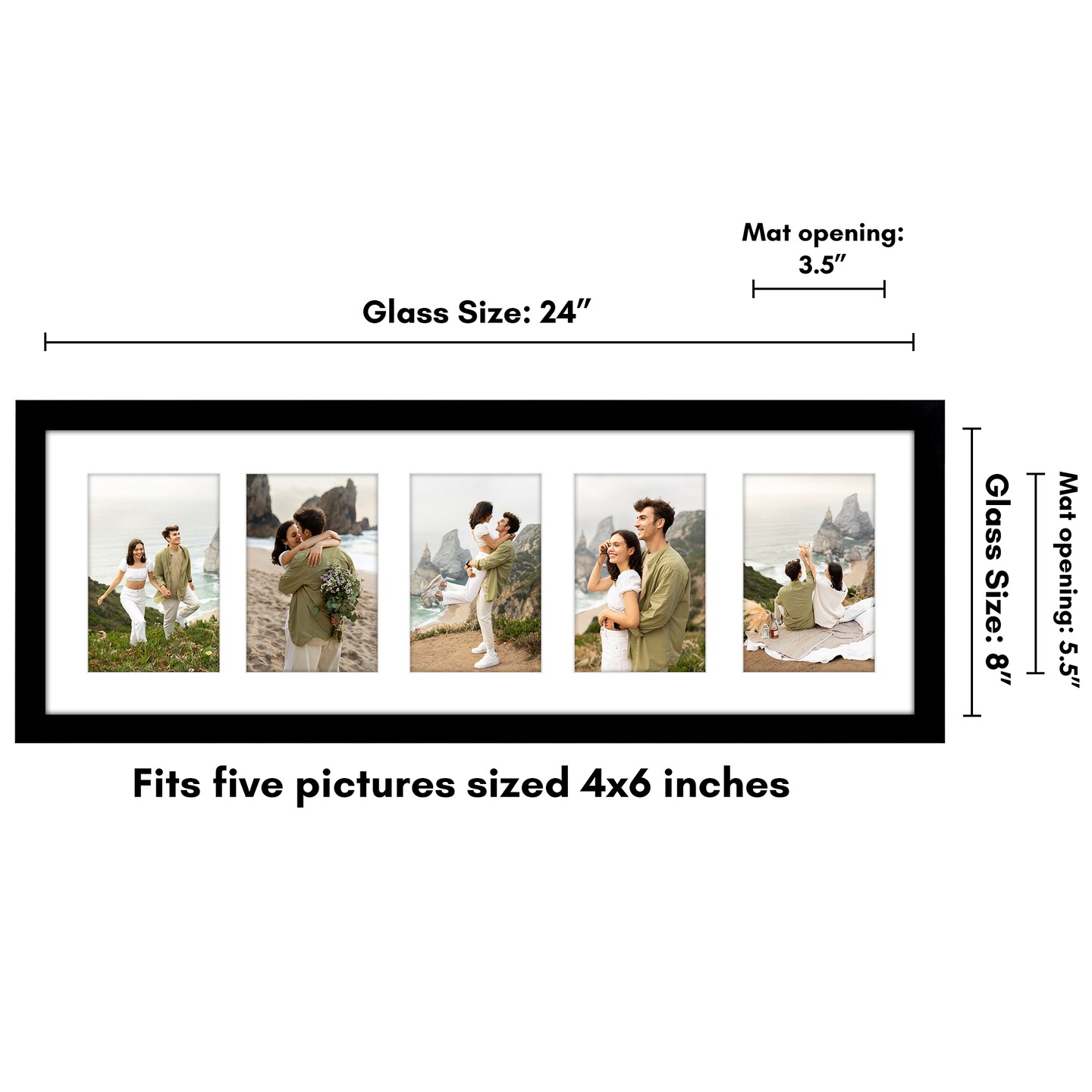 Americanflat 8x24 Collage Picture Frame - Displays Five 4x6 Photos at Once - Family Photo Collage Frame - Shatter Resistant Glass - Hanging Hardware for Horizontal or Vertical Display - Black