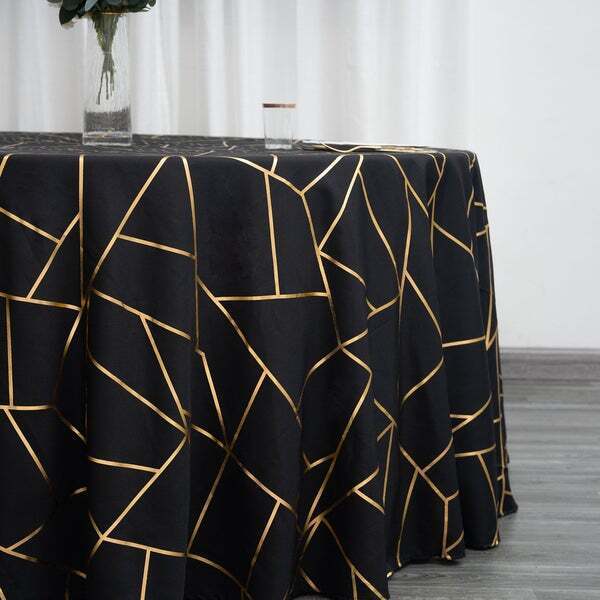 BLACK GOLD 120" Polyester ROUND TABLECLOTH with Geometric Pattern