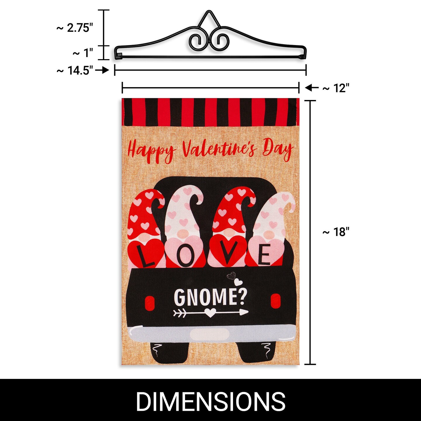 G128 Combo Pack Garden Flag Hanger 14IN &#x26; Garden Flag Happy Valentine&#x27;s Day Love 4 Gnomes in Truck 12x18IN Printed Double Sided Burlap Fabric