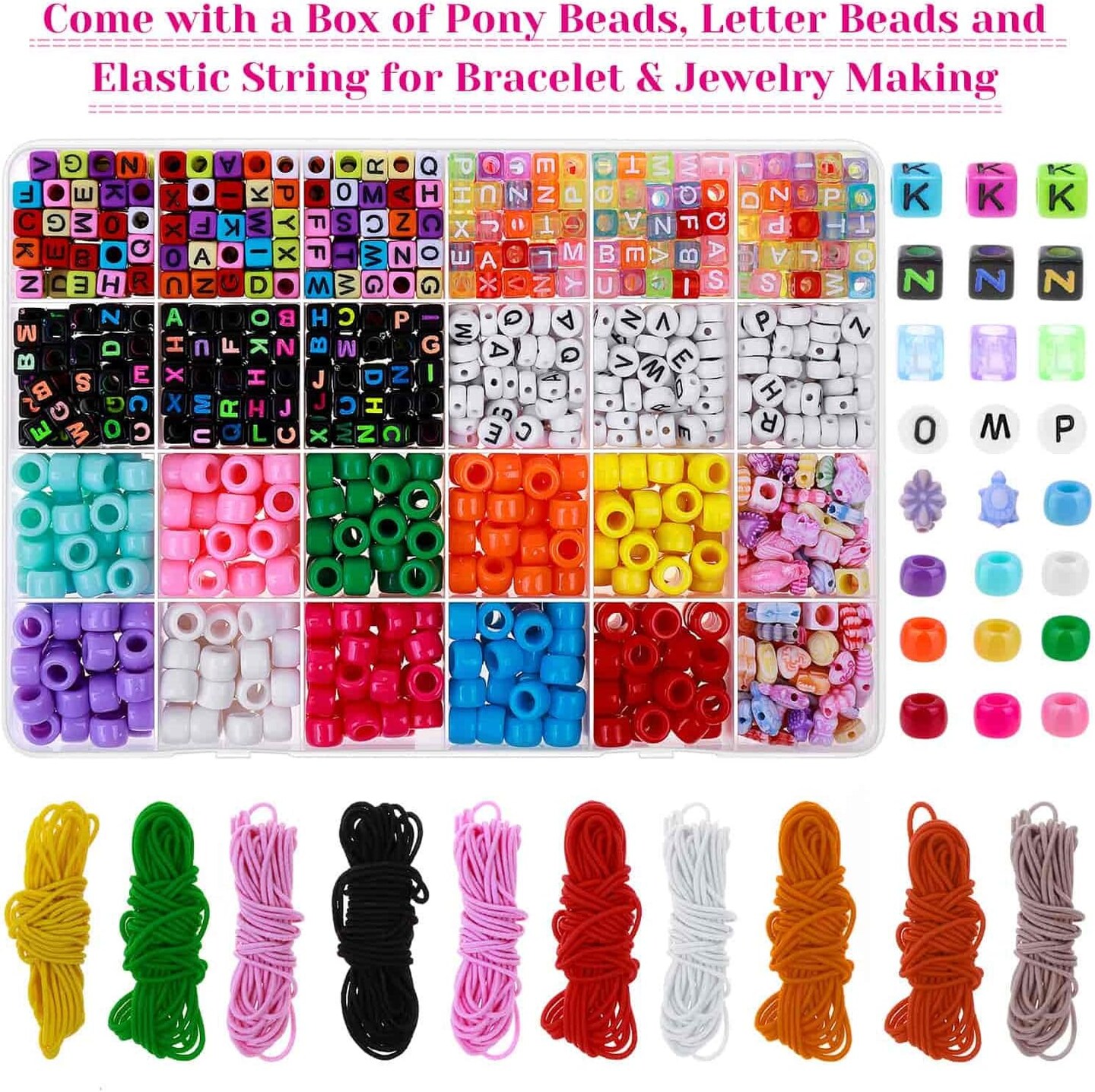 Bead Bracelet Making Kit, Bead Friendship Bracelets Kit with Pony Beads Letter Beads Charm Beads and Elastic String for Bracelet and Jewelry Making Rainbow Colors