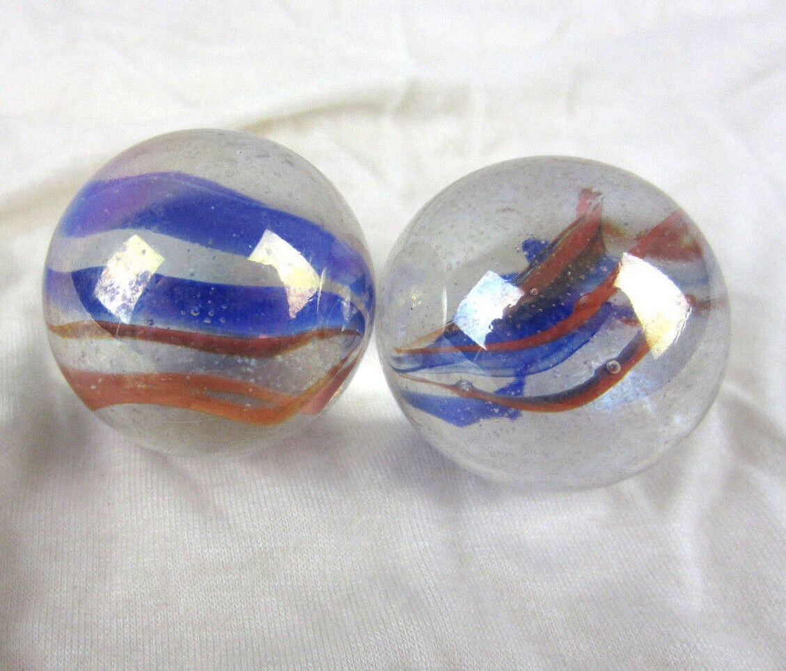 2 Boulders 35mm FUNFAIR Marbles glass ball Clear Red Blue Ribbon 6 Vane large