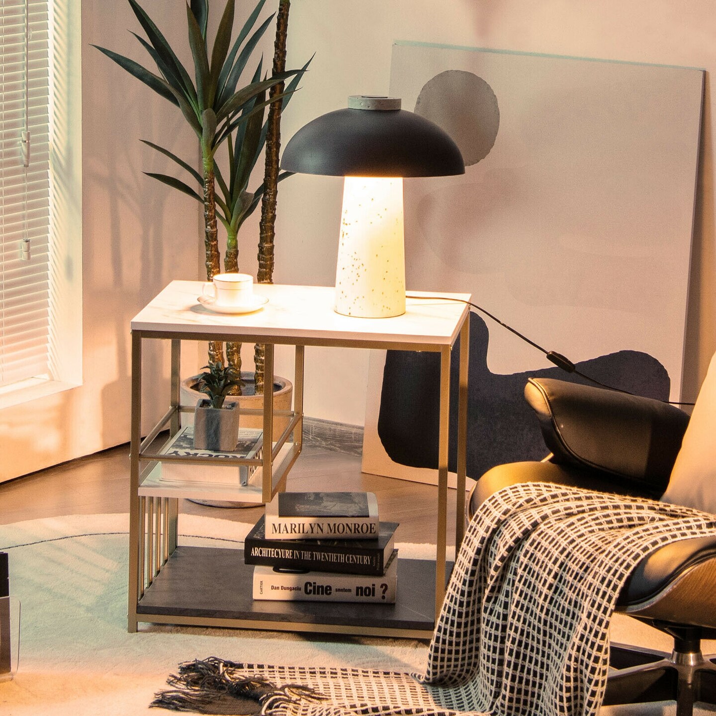 3 Tier L Shaped Side Table with MDF Shelves and Steel Frame Marble and Golden