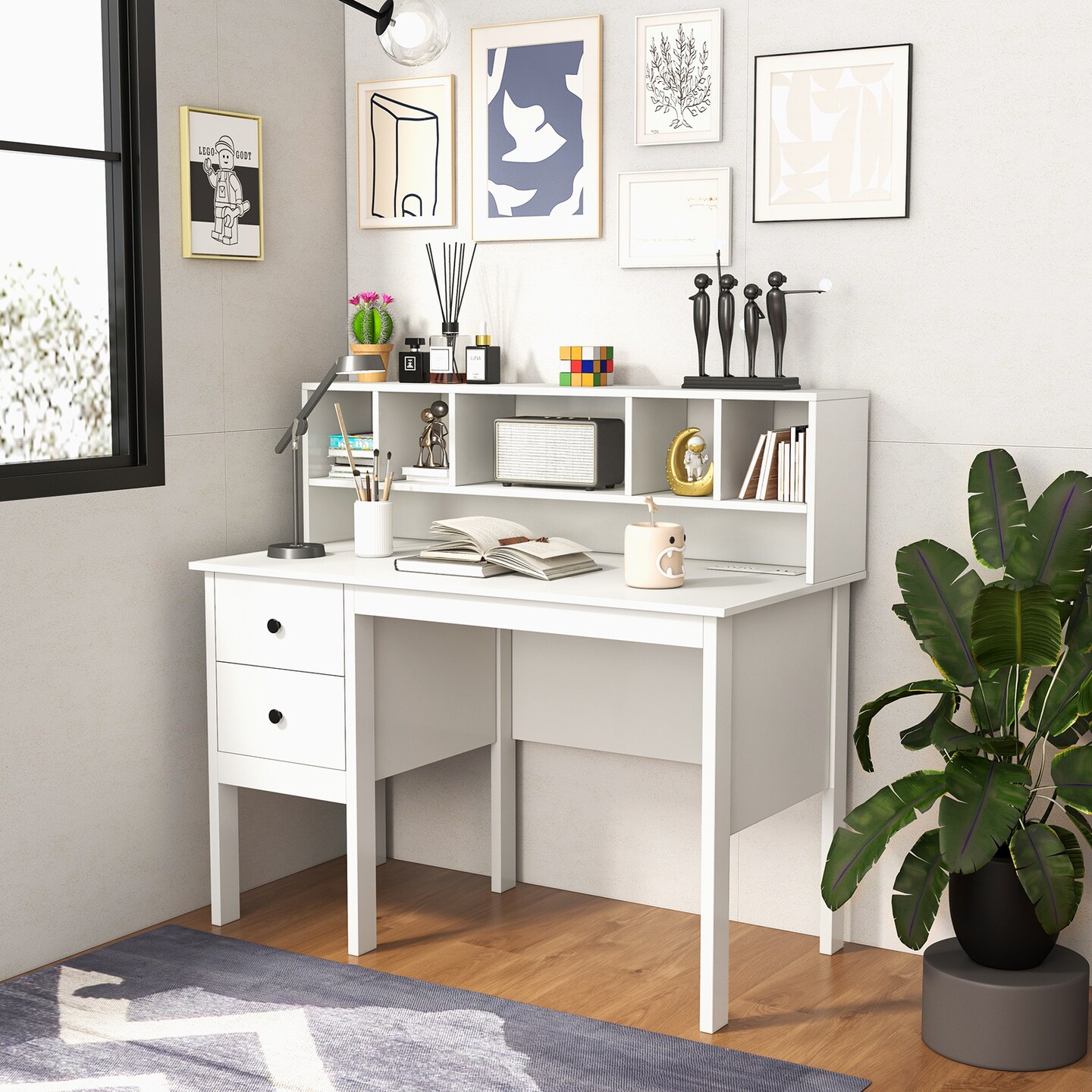 White Engineered Wood Desk with Storage Drawers USB Ports and Hutch