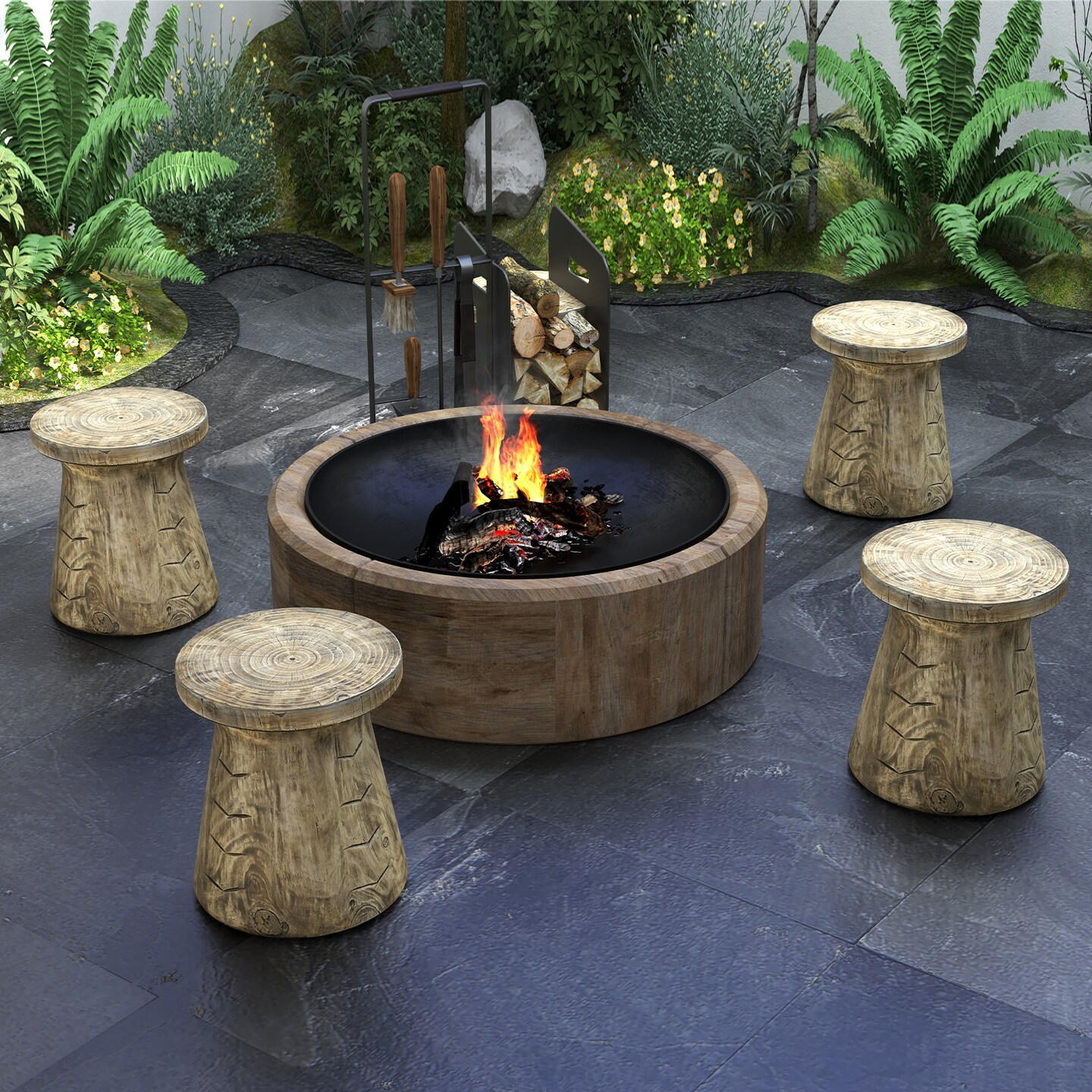 Weather Resident Rock End Table With Wood Grain For Living Room