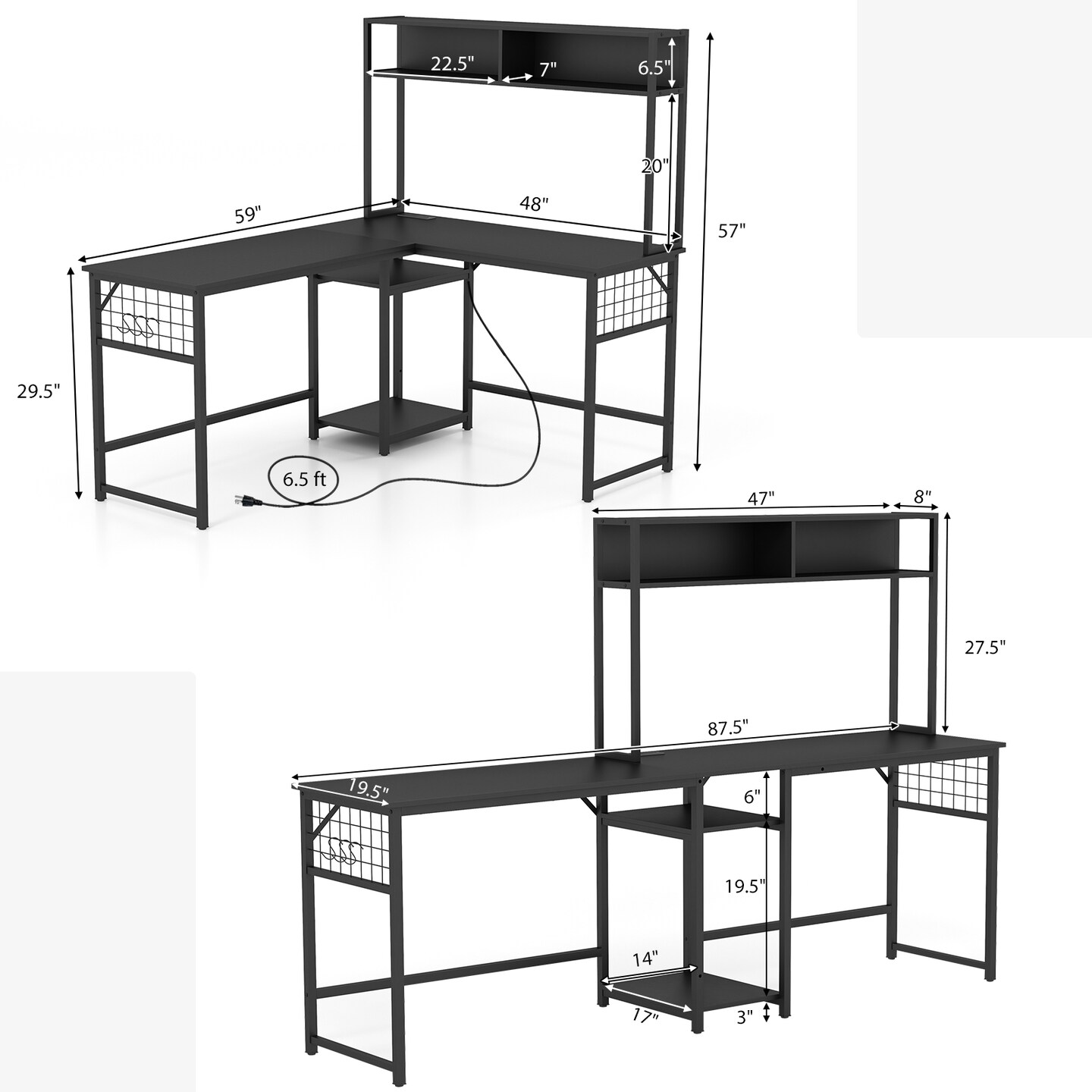 Modern L-Shaped Work Desk with Power Outlets and Storage Shelves Hutch and Open Shelves