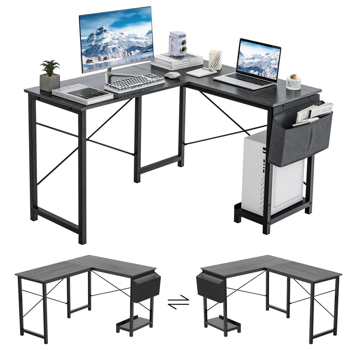 Modern Reversible Computer Desk With Storage Pocket And Cpu Stand For Working Writing Gaming