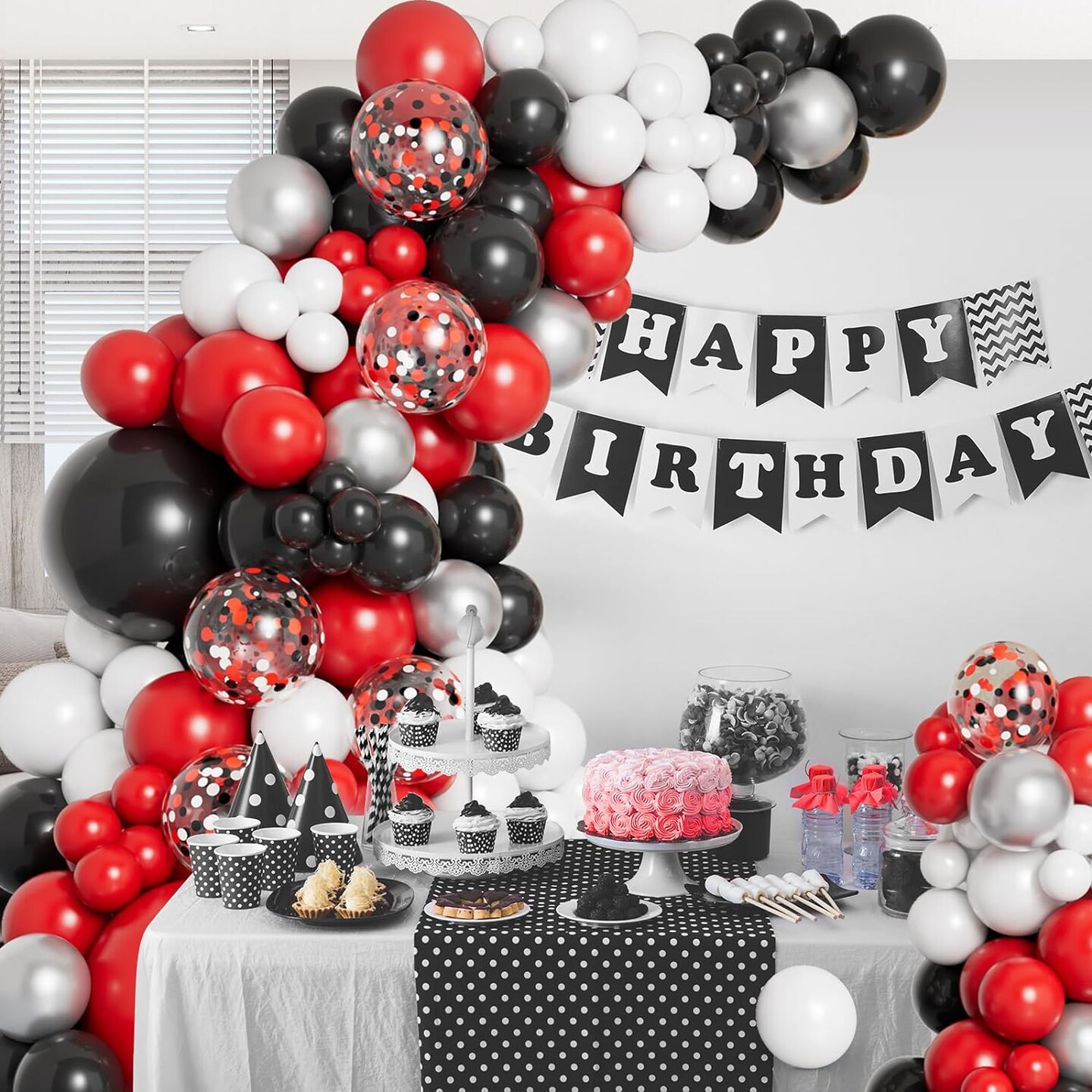 138pcs Red Black and White Balloon Garland Arch Kit with Different Size Red Black White Silver Confetti Balloons for Shower Birthday New Year Graduation Wedding Racing Car Poker Party Decorations