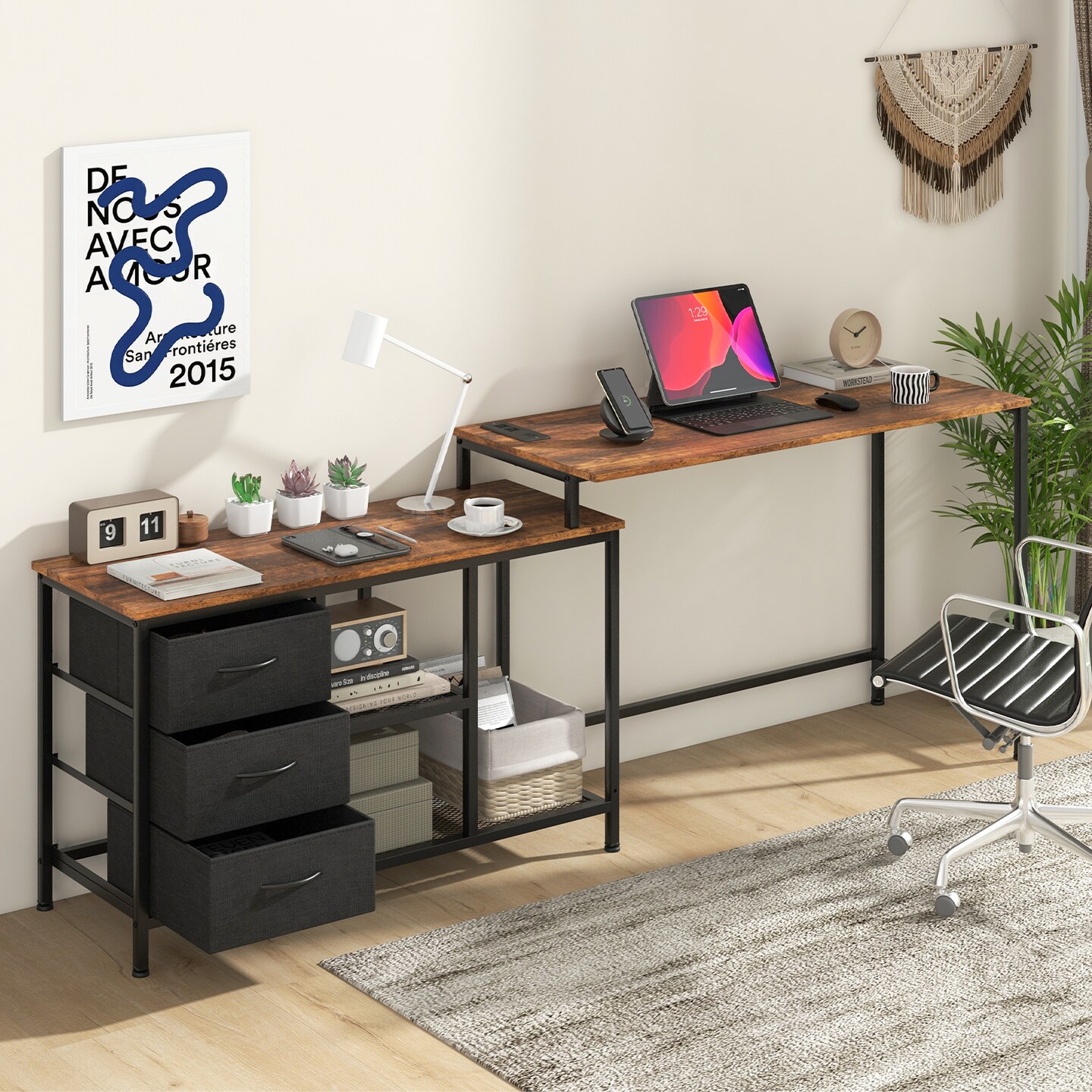 L-shaped Computer Desk With Power Outlet For Working Studying Gaming