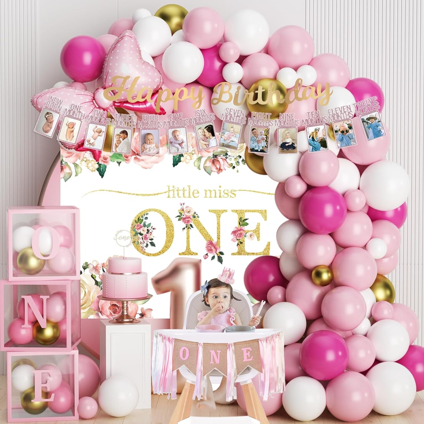 Baby Girl 1st Birthday Decorations , Baby First Birthday Supplies for Girl,Including Balloon Boxes, Pink Gold Balloons Garland Arch Kit,Party Backdrop, High Chair Banner, Crown, Photo Banner