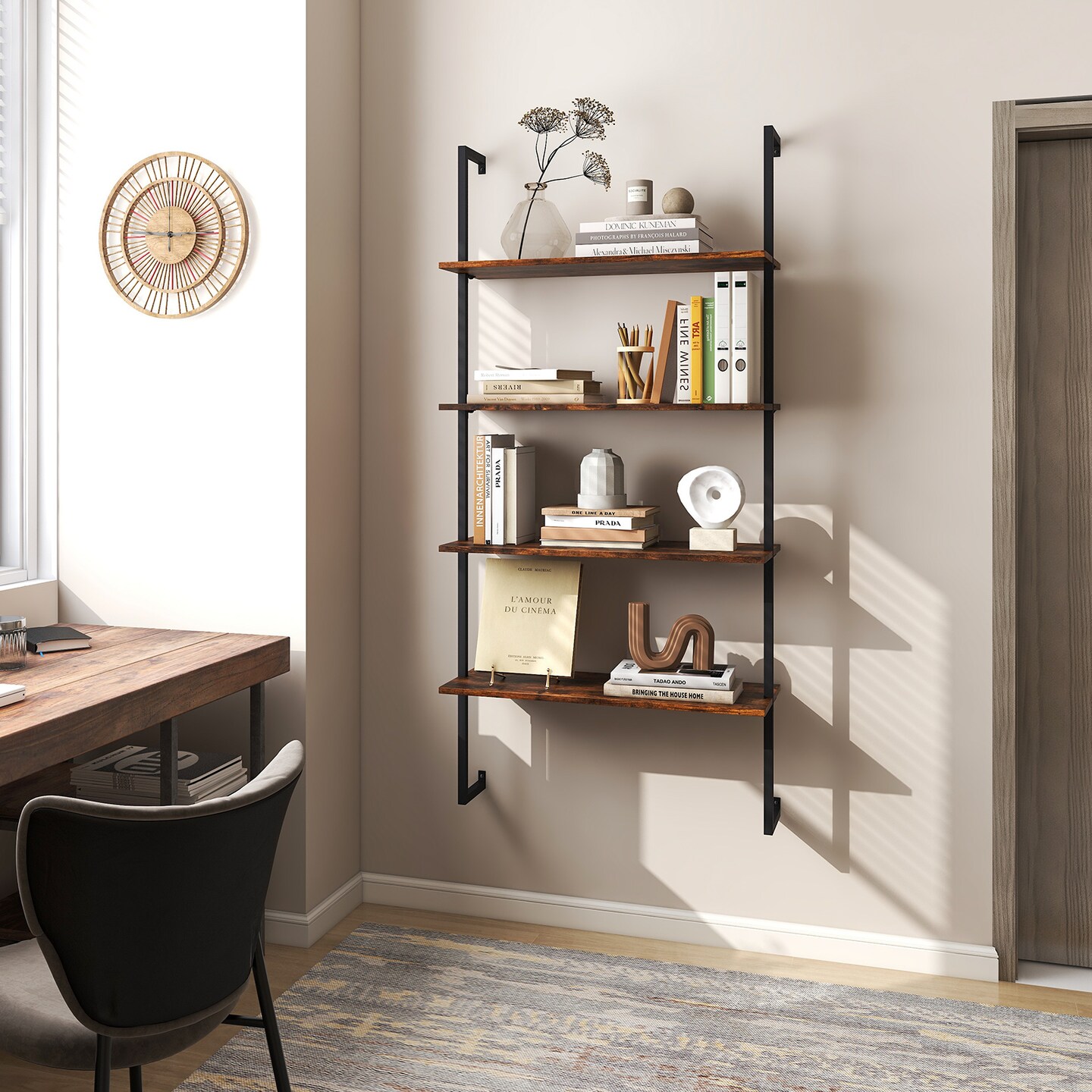 4-Tier Industrial Ladder Bookshelf with Metal Frame