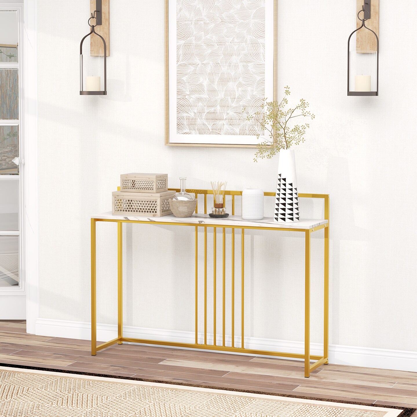 47 Inches Modern Console Table with Steel Frame and Storage Shelf-White