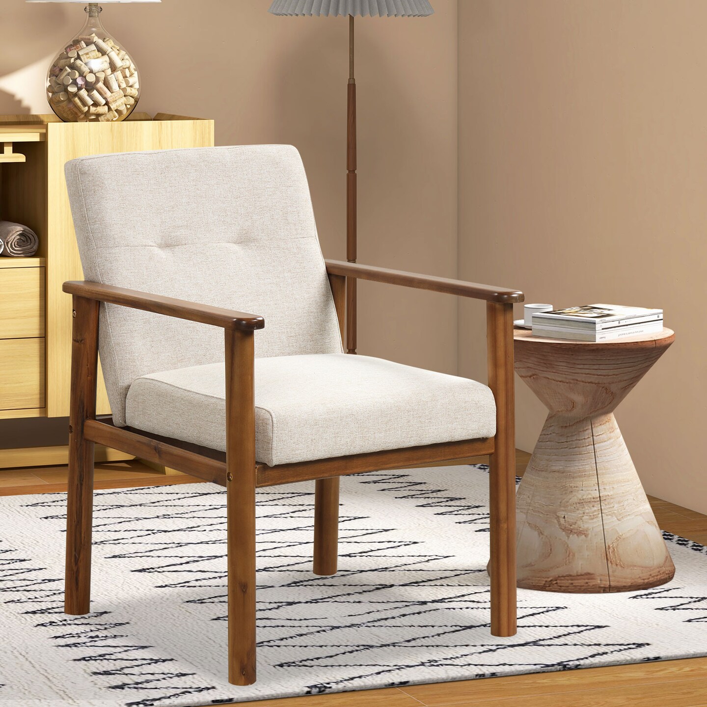 Modern Accent Linen Fabric Armchair With Solid Wood Legs And Soft Cushioned Seat