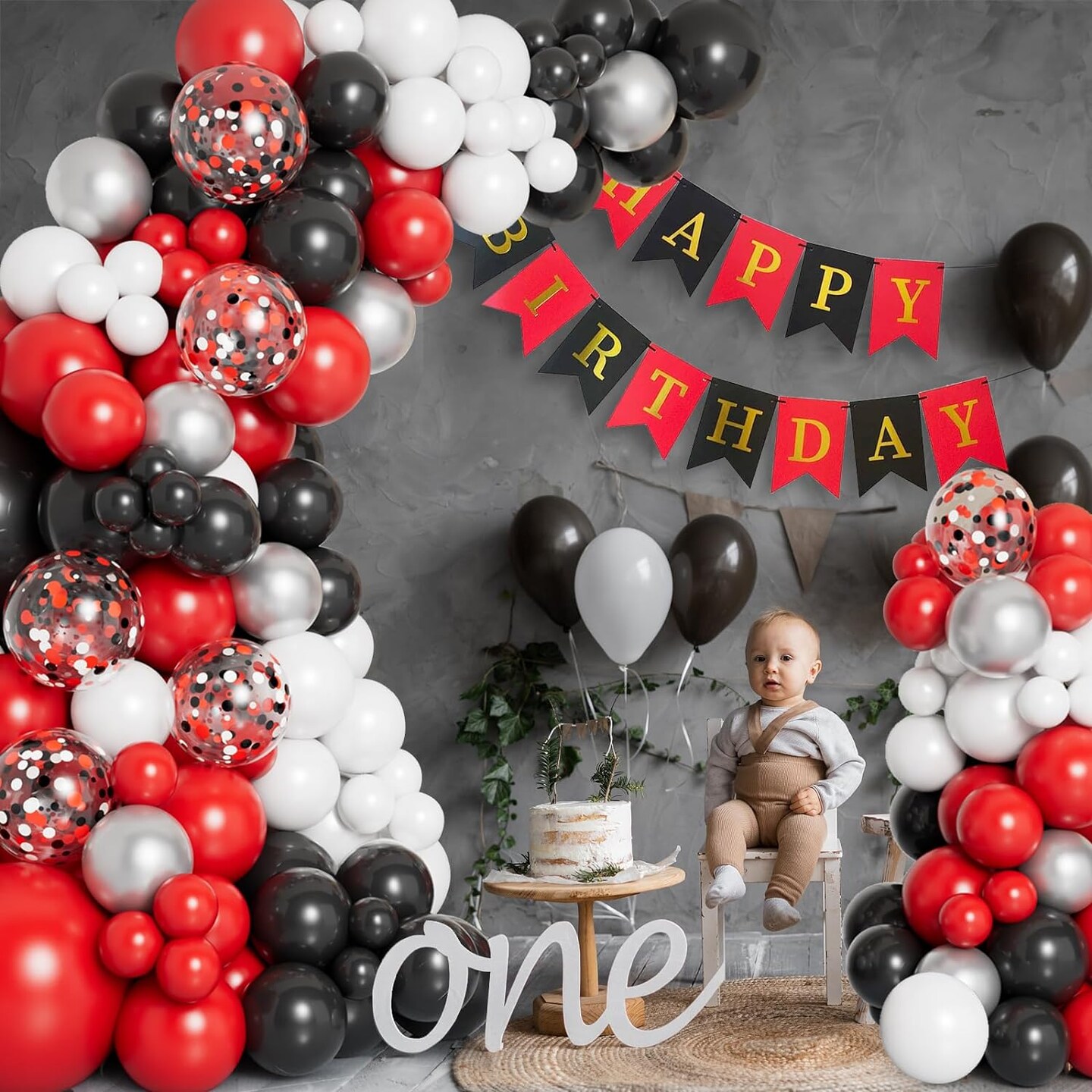 138pcs Red Black and White Balloon Garland Arch Kit with Different Size Red Black White Silver Confetti Balloons for Shower Birthday New Year Graduation Wedding Racing Car Poker Party Decorations