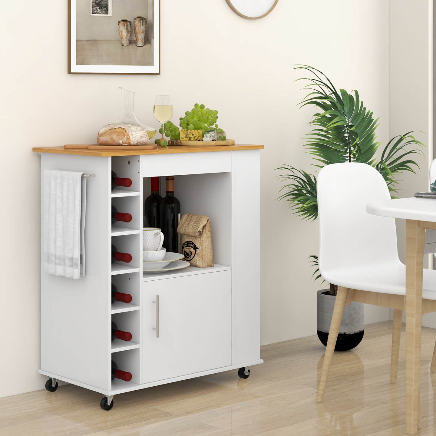 White Kitchen Cart On Wheels With Wicker Top And 6-Bottle Wine Rack Perfect for Home