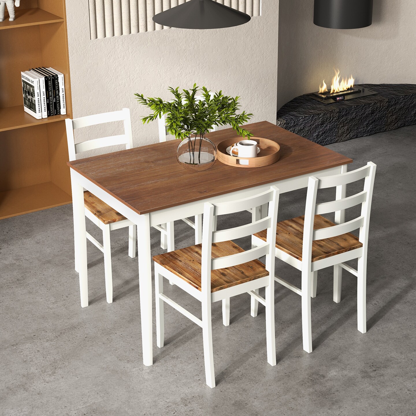 5-piece Wooden Dining Set With Rectangular Table And 4 Chairs-coffee And White