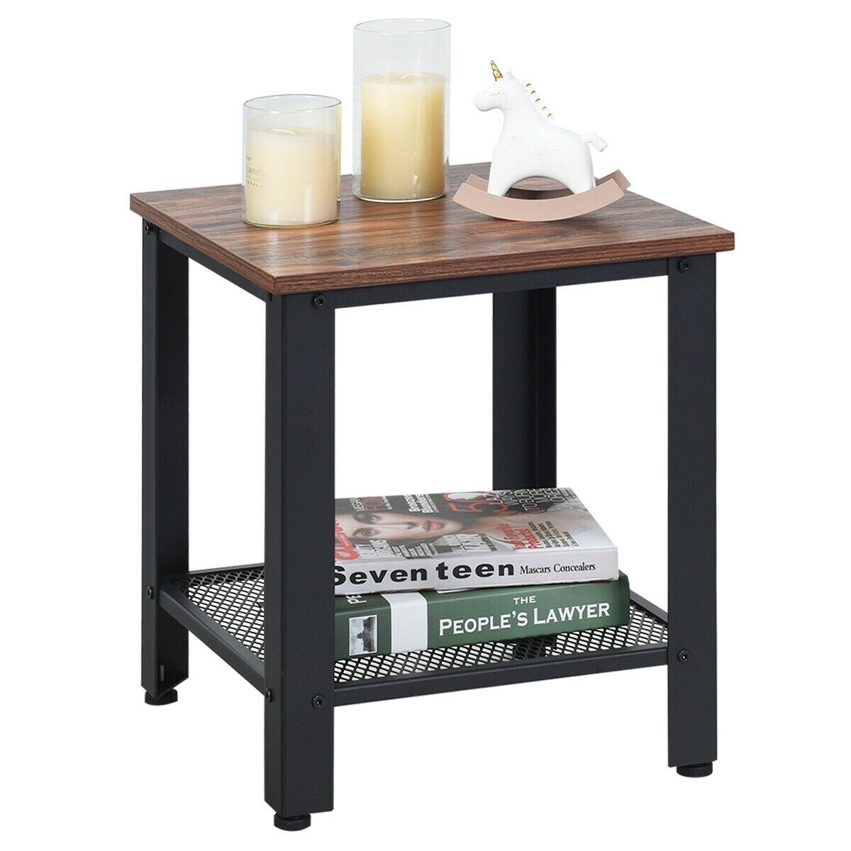 Industrial Side Table Wood and Iron End Table with Mesh Shelf Bedside Table Black