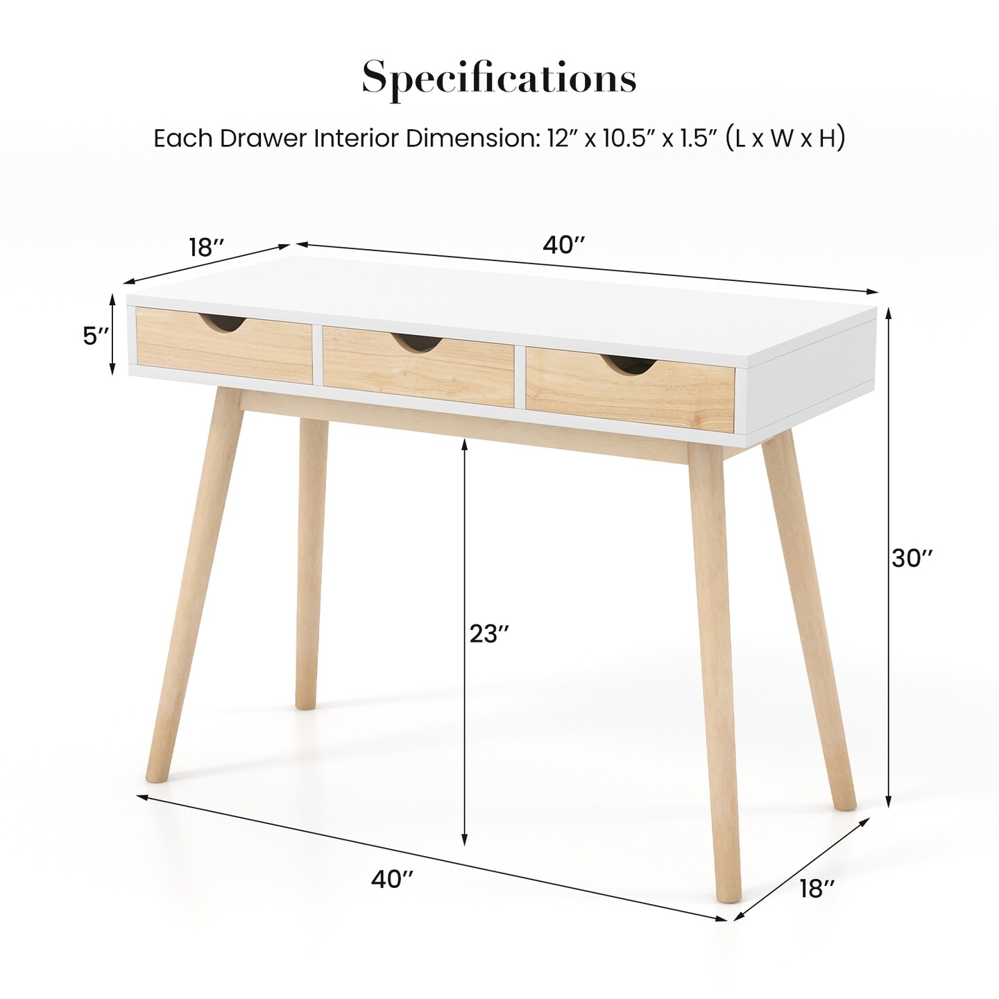 Computer Desk With 3 Drawers And Solid Rubber Wood Legs For Home Office