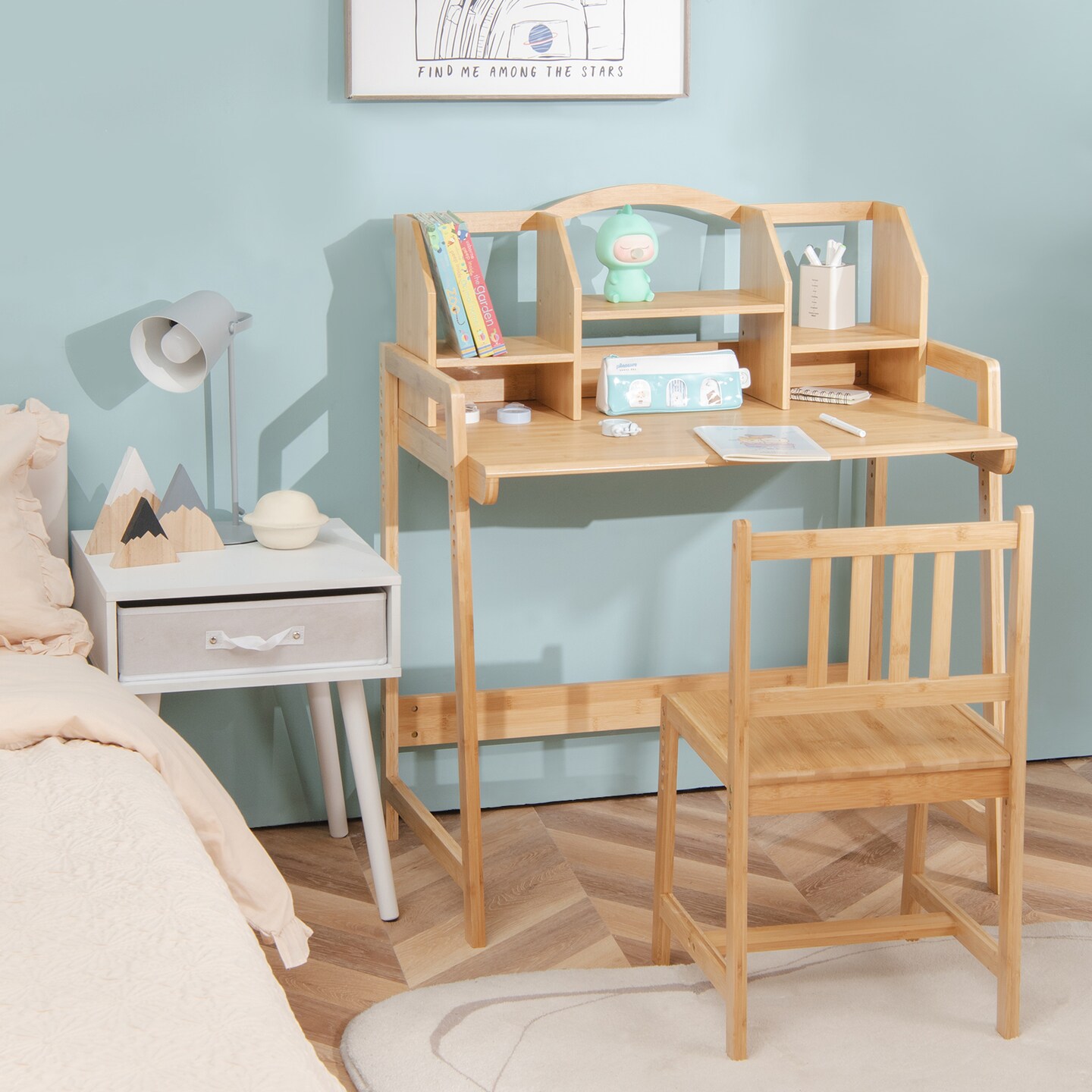 Wicker Kids Study Desk and Chair Set with Bookshelf