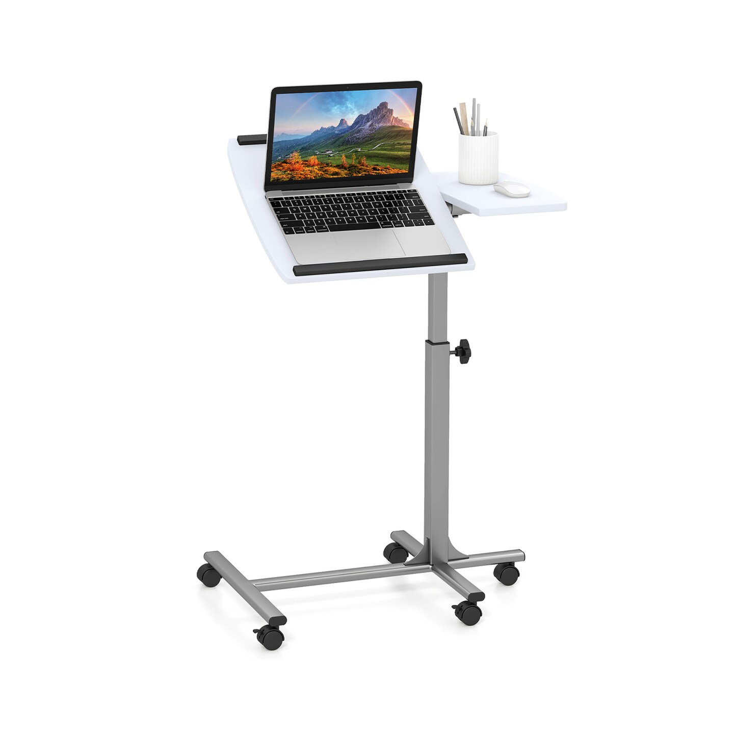 White Adjustable Height Laptop Desk Cart with Tilt Top and Lockable Casters for Work or Study