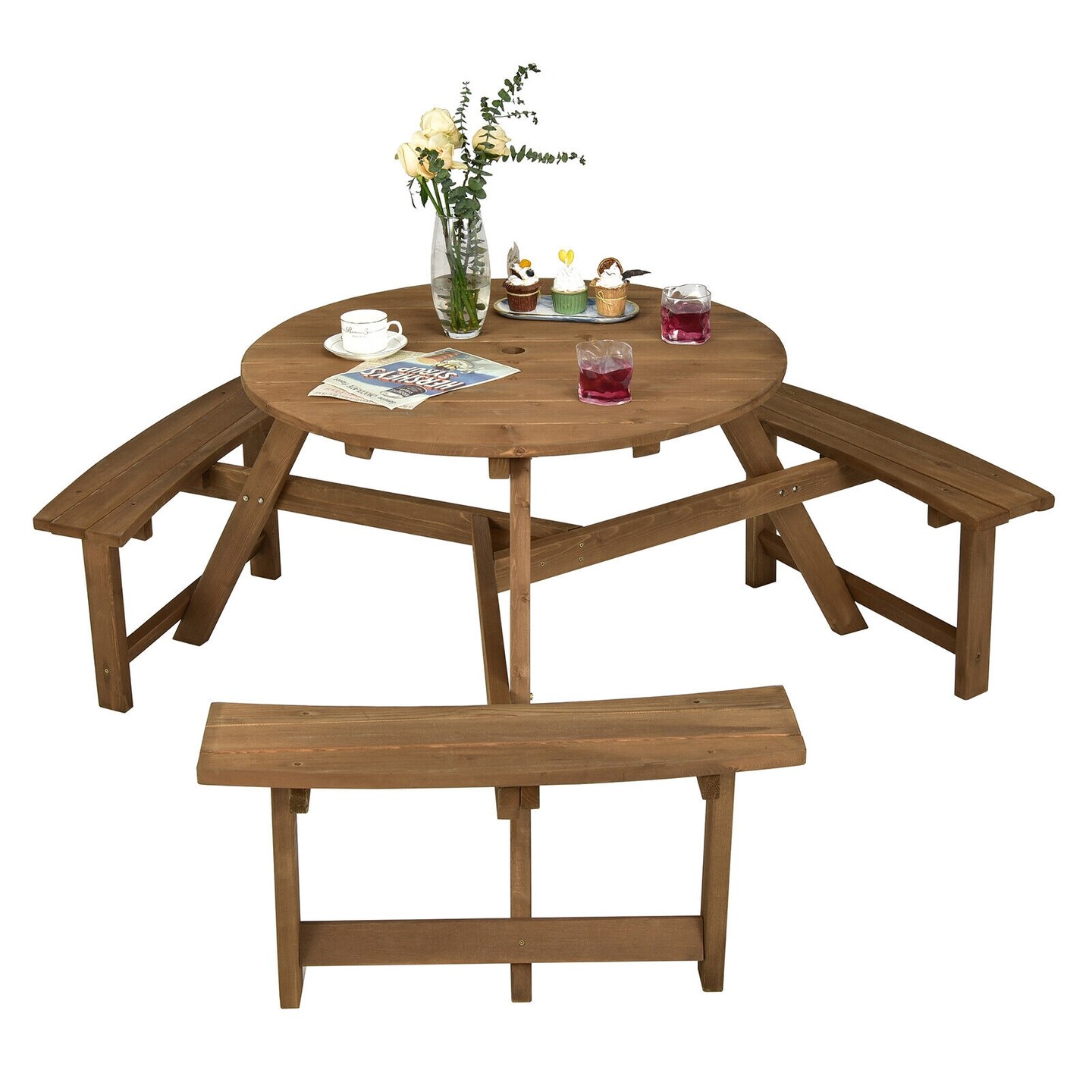 6-person Round Wooden Picnic Table With Umbrella Hole And 3 Built-in Benches-Dark Brown