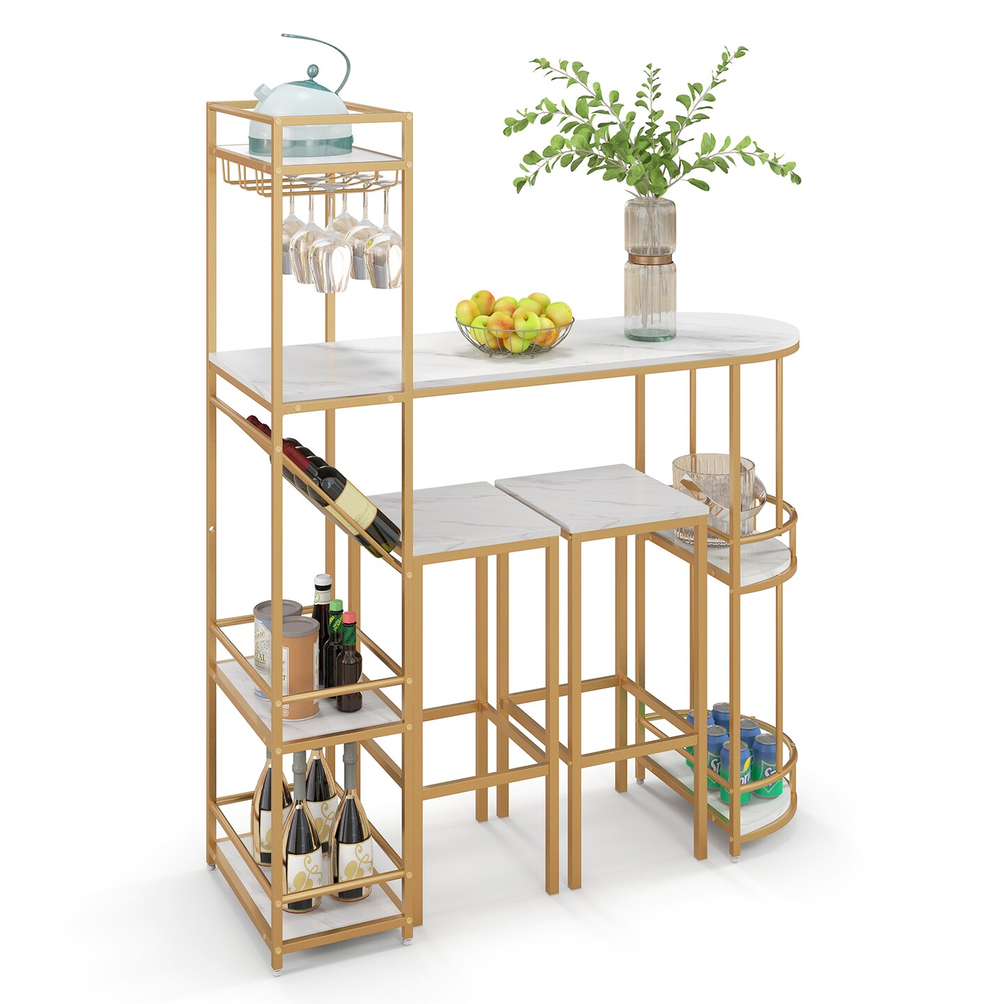 3 Pieces Bar Table Set With Storage Shelves And Wine Rack-golden
