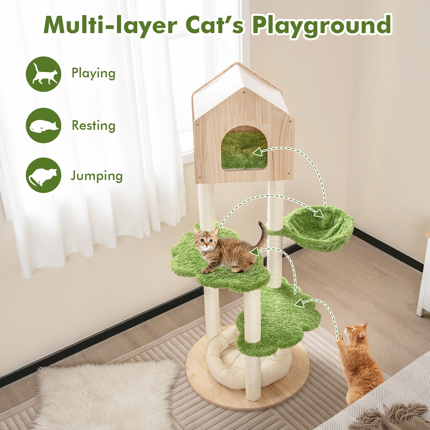 55 Inch Tall Cat Climbing Stand With Sisal Scratching Posts And Soft Cat Bed For Indoor Kittens