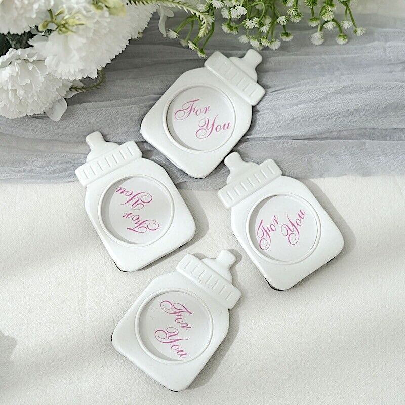 4 White Pink 4&#x22; Mini Feeding Bottle PICTURE FRAMES Baby Shower Favors