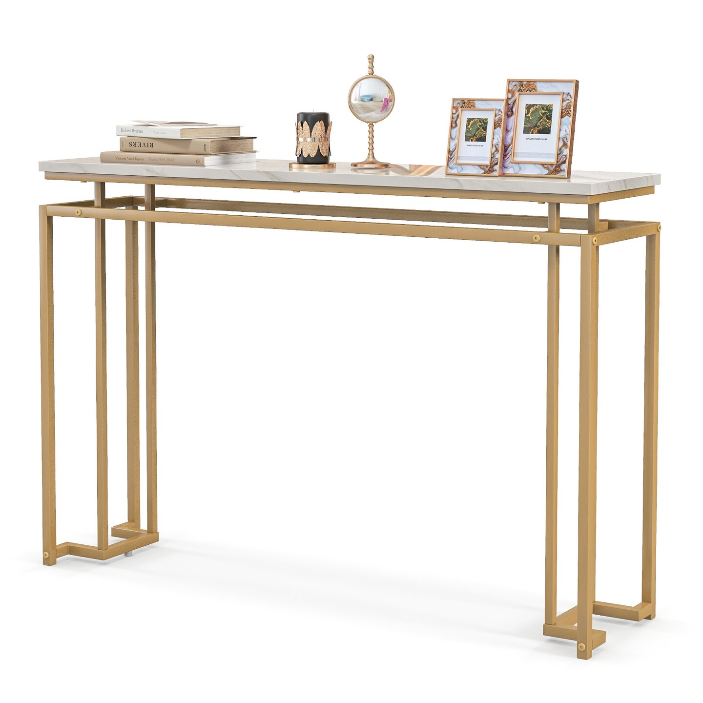 White Gold MDF Metal Marble Console Table 47 Inch with Anti-Tipping Design for Entryway and Living Room