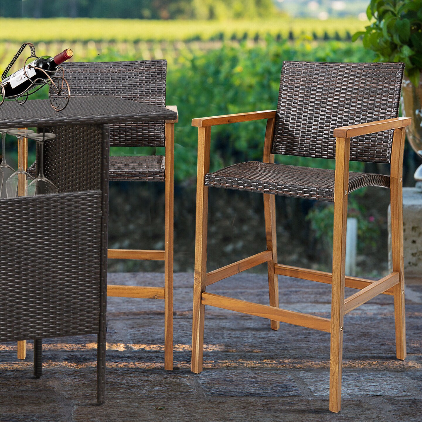 Set Of 2 Pe Wicker Patio Bar Chairs With Acacia Wood Armrests