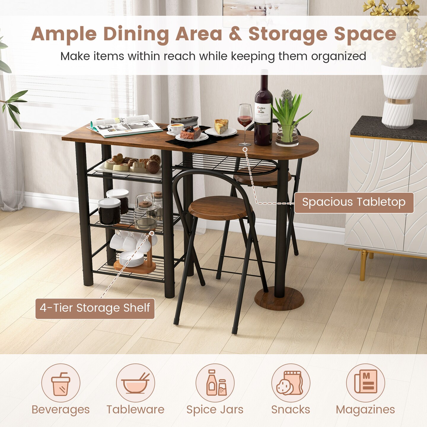 3 Pieces Retro Dining Table Set With 4-tier Storage Shelf