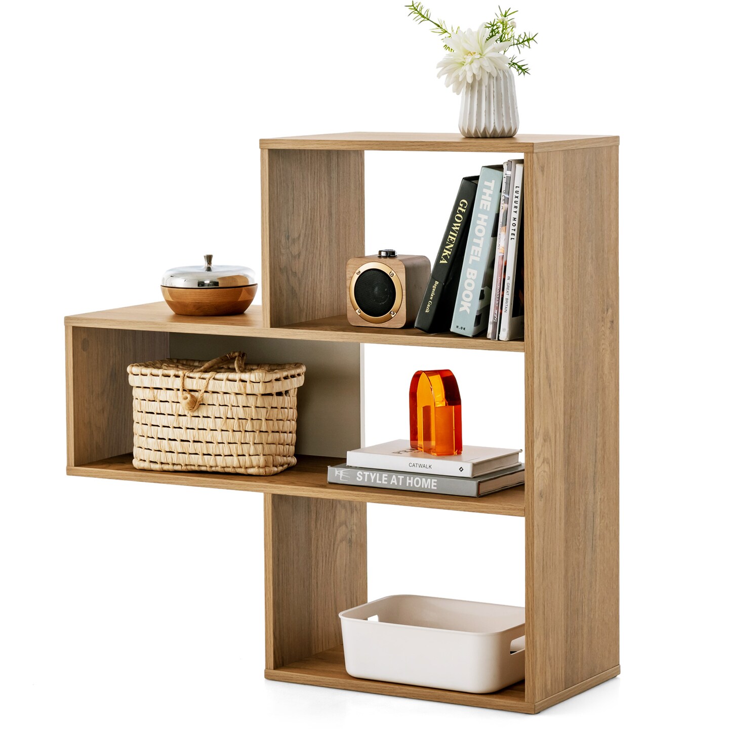 Natural Wood Geometric Shelf 3 Open Cubes Anti-Toppling Storage Organizer