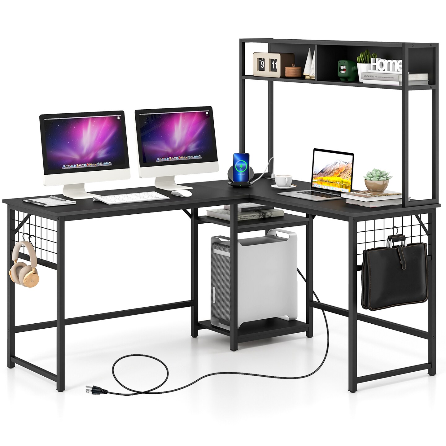 Modern L-Shaped Work Desk with Power Outlets and Storage Shelves Hutch and Open Shelves