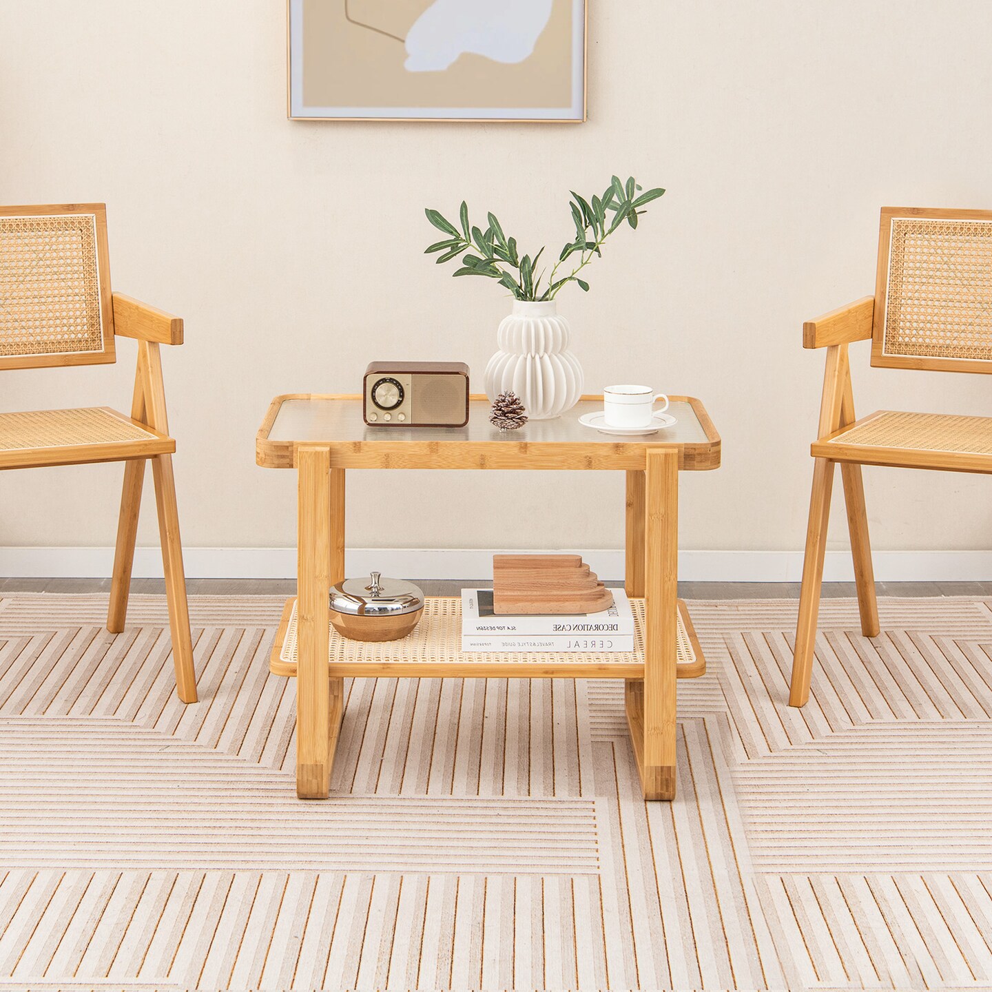 2-tier Wicker Side Table With Glass Top-Natural