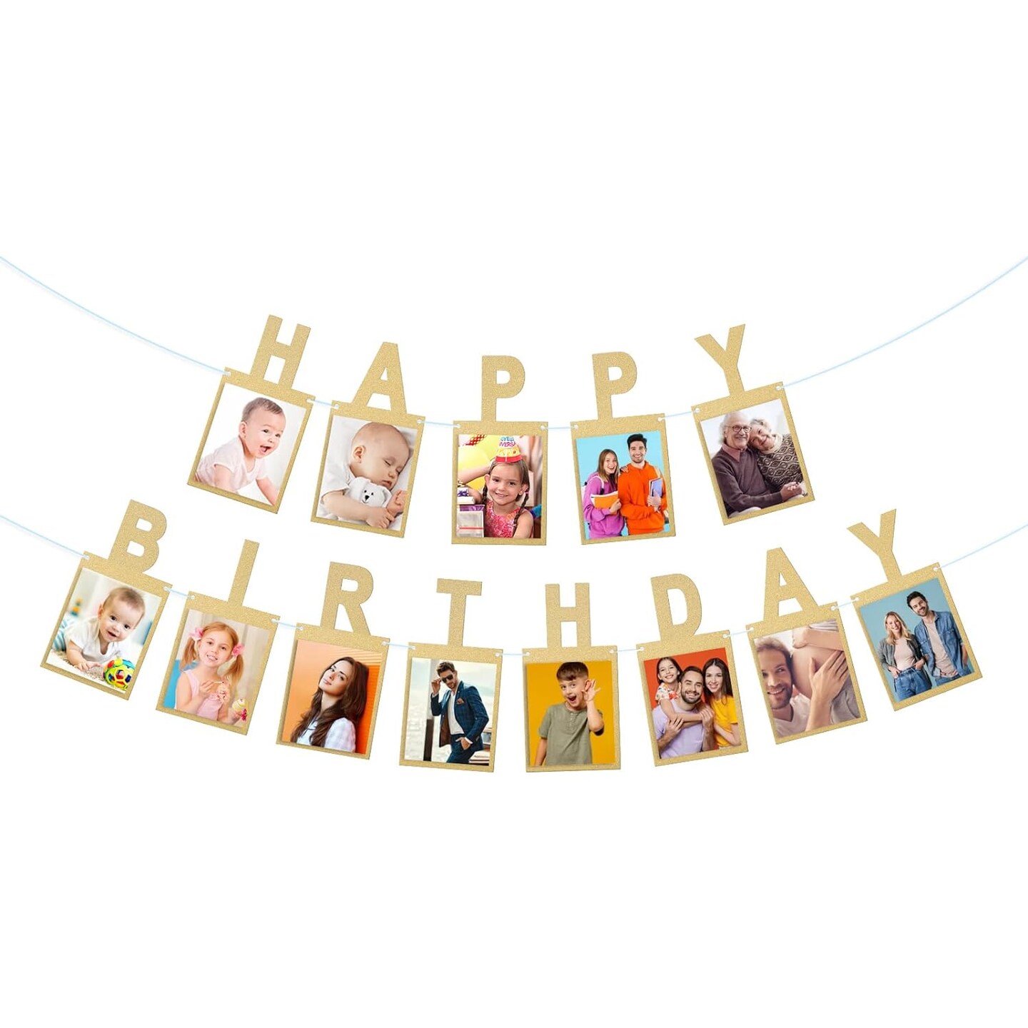 Birthday Photo Banner, Suitable for Kids and Adults Birthday Party Decoration, Annual Milestone Golden Happy Birthday Banner (gold)