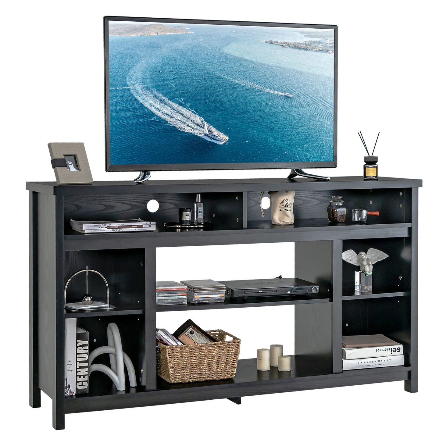 58 Inch Tv Stand Entertainment Console Center With Adjustable Open Shelves-black