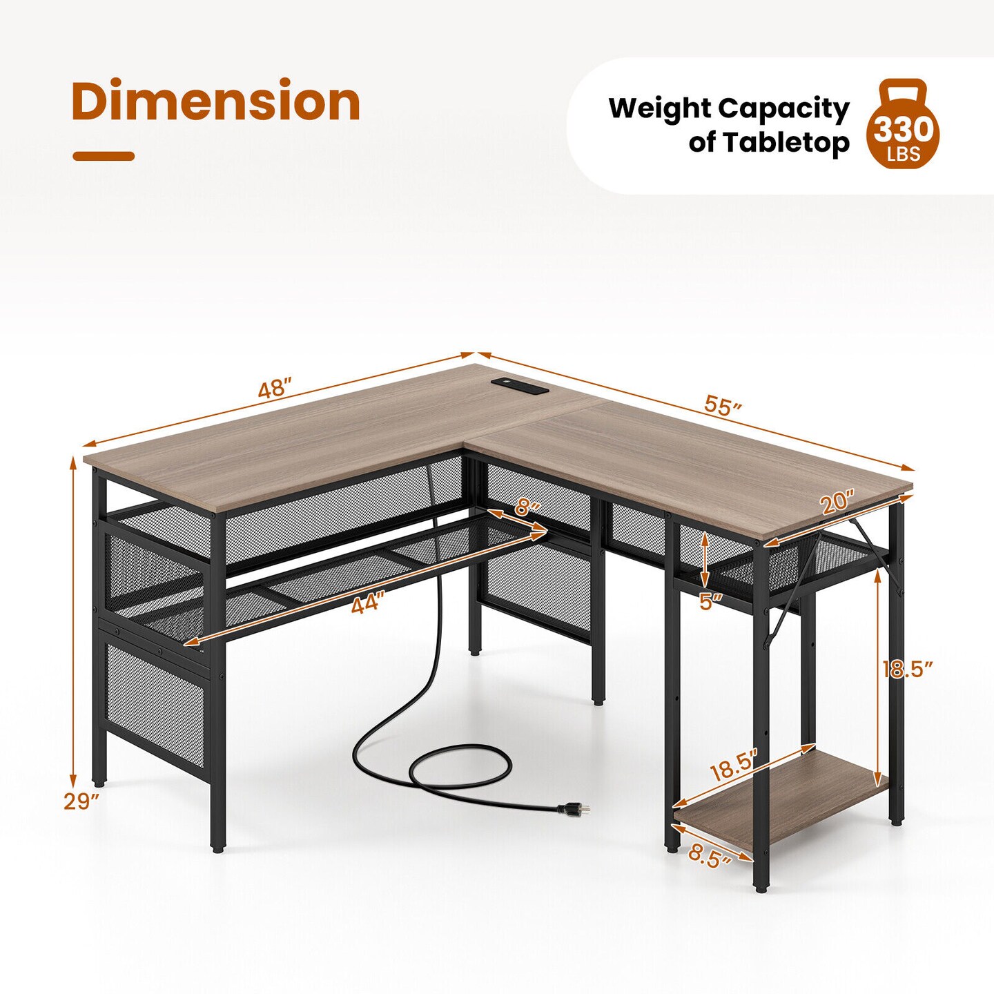 L-shaped Computer Desk With Charging Station And Adjustable Shelf-Grey