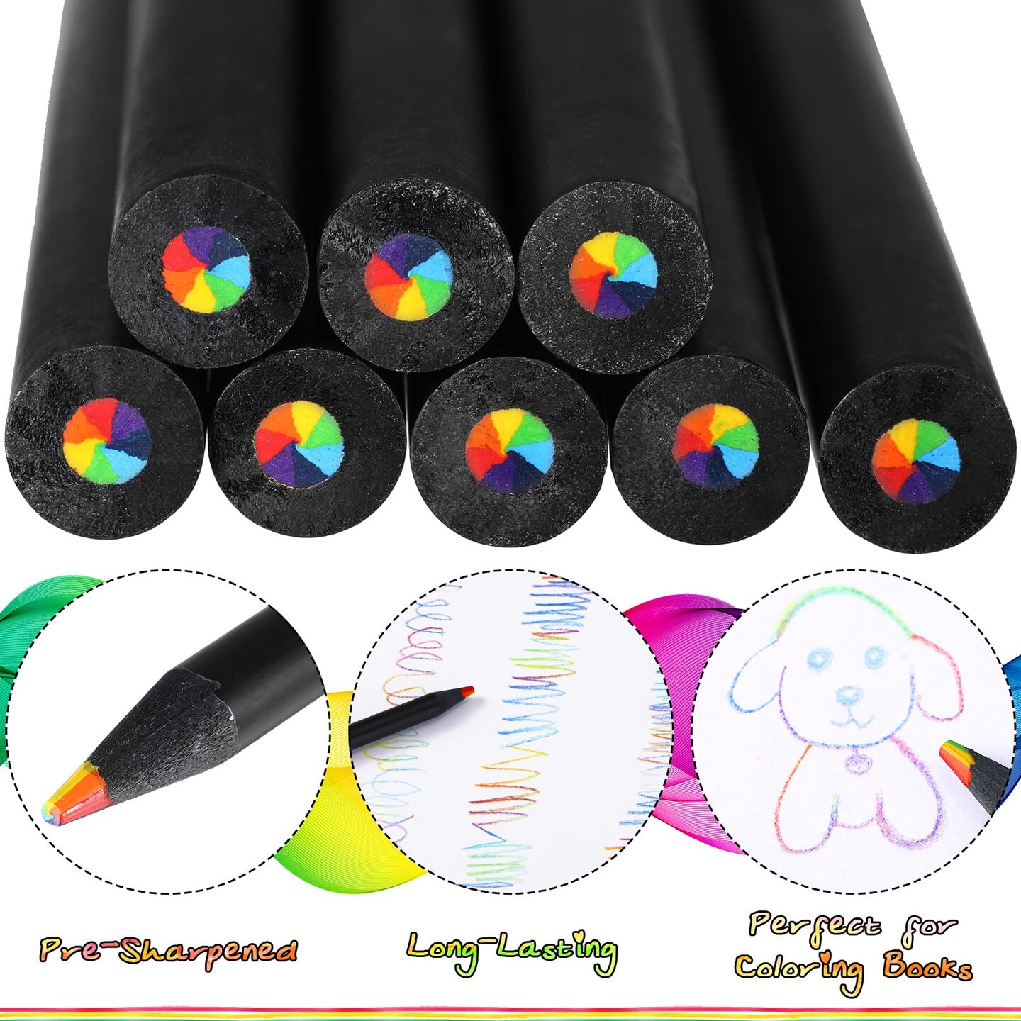 48 Pcs Rainbow Colored Pencils, 7 Color in 1 Rainbow Pencil for Kids, Wooden Colored Pencil Multi Colored Pencils Bulk with 4 Pieces Sharpener for Kids Adults Art Drawing (Black Wood)