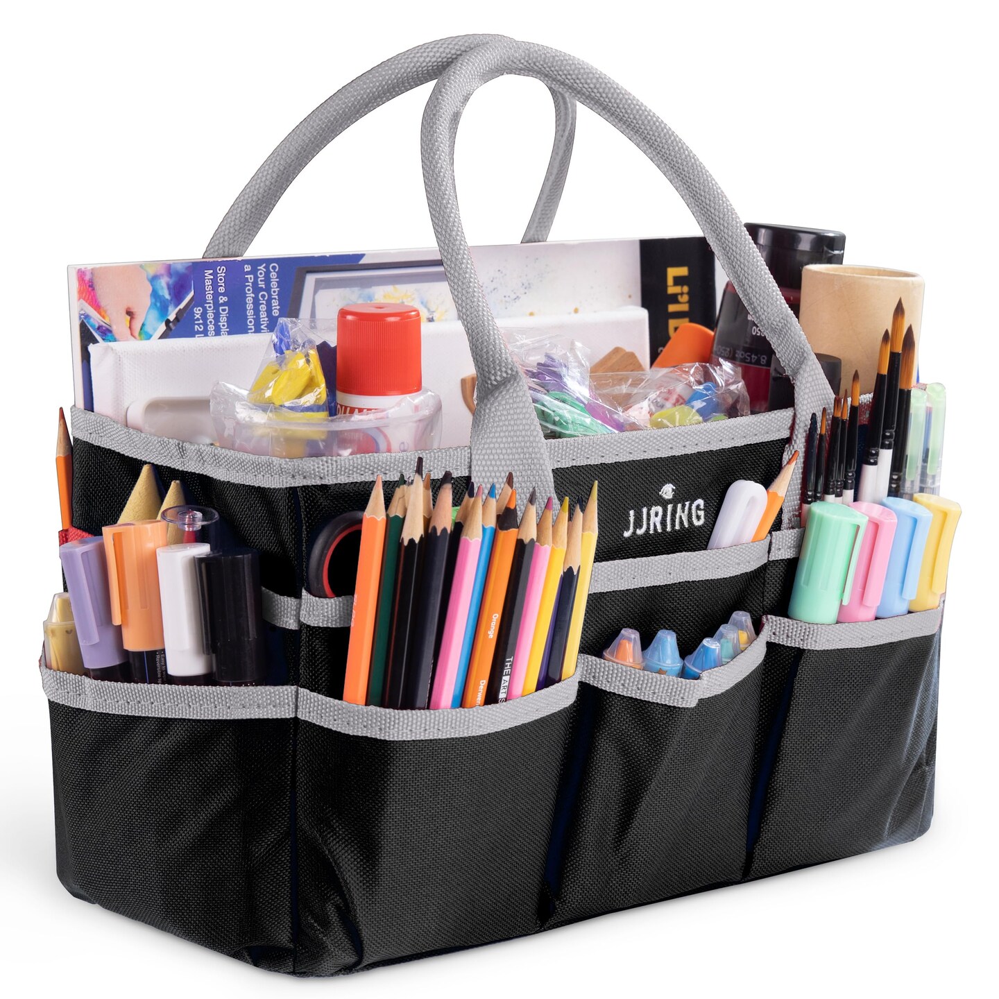 JJRING Craft and Art Organizer Tote Bag - 600D Silver Nylon Fabric Art Caddy with Pockets - for Art, Craft, Sewing, Medical, and Office Supplies Storage