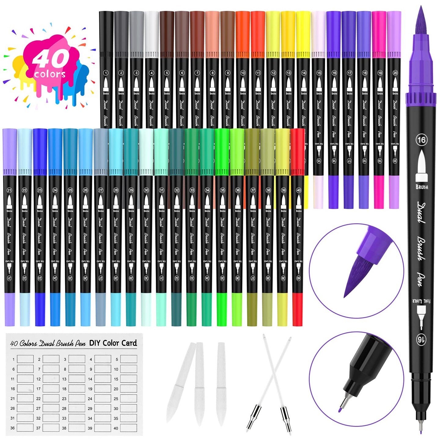 Dual Tip Coloring Markers, 40 Color Brush Pens Set, Kids Adults Artist Fine Point Marker Pens, Watercolor Pens for Lettering, Drawing, Journaling, Note taking, Writing