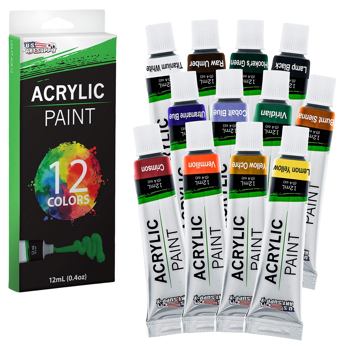 Professional 12 Color Set of Acrylic Paint in 12ml Tubes - Rich Pigment Vivid Colors for Artists, Students, Beginners, Kids, Adults - Canvas, Portrait Paintings, Wood, Craft, Hobby