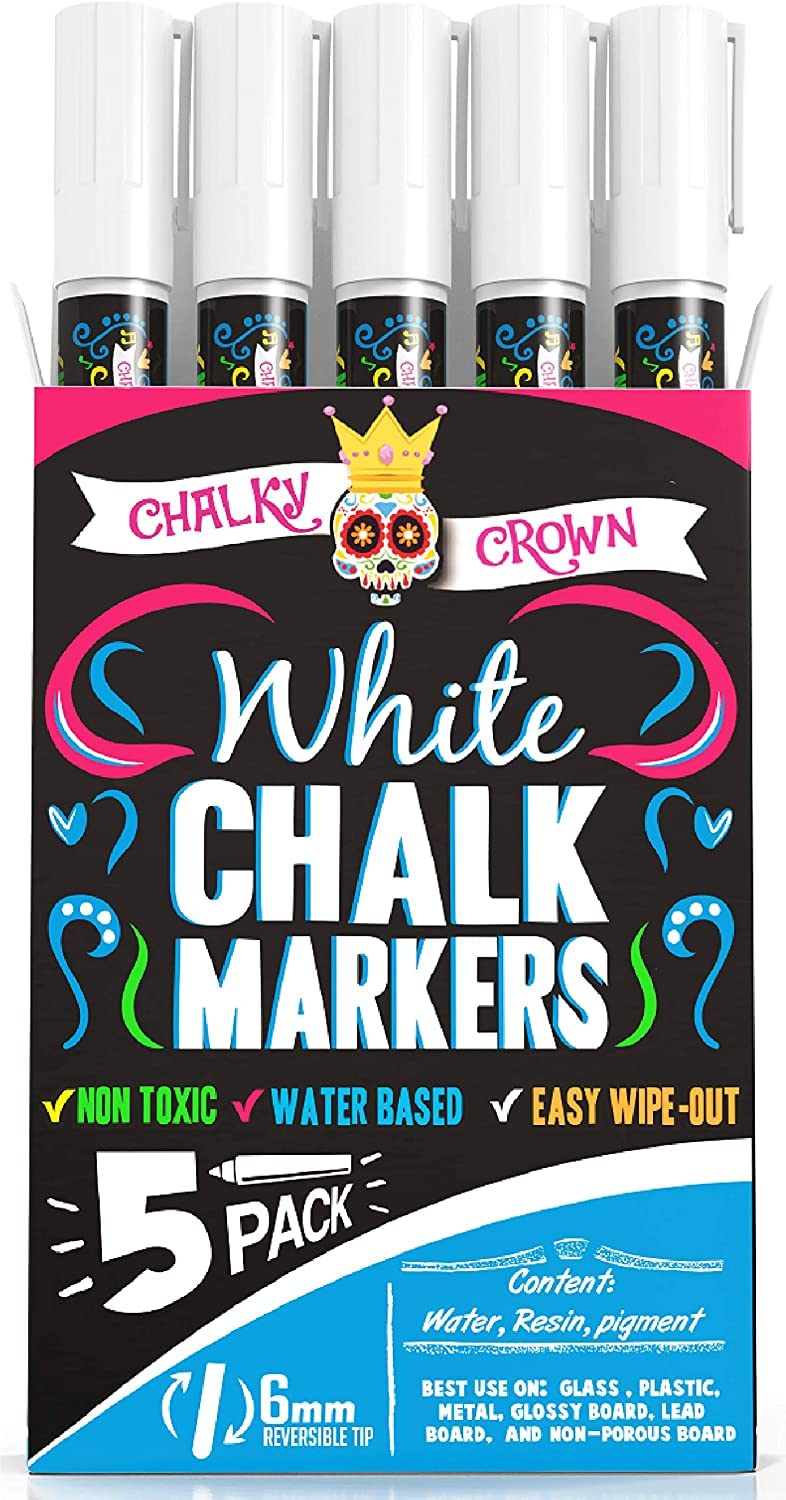 5 Pack Liquid Chalk Marker Pen - White Drawing Chalk - Chalkboard Markers for Chalkboard Signs, Windows, Blackboard, Glass - 6mm Reversible Tip - 24 Chalkboard Labels Included