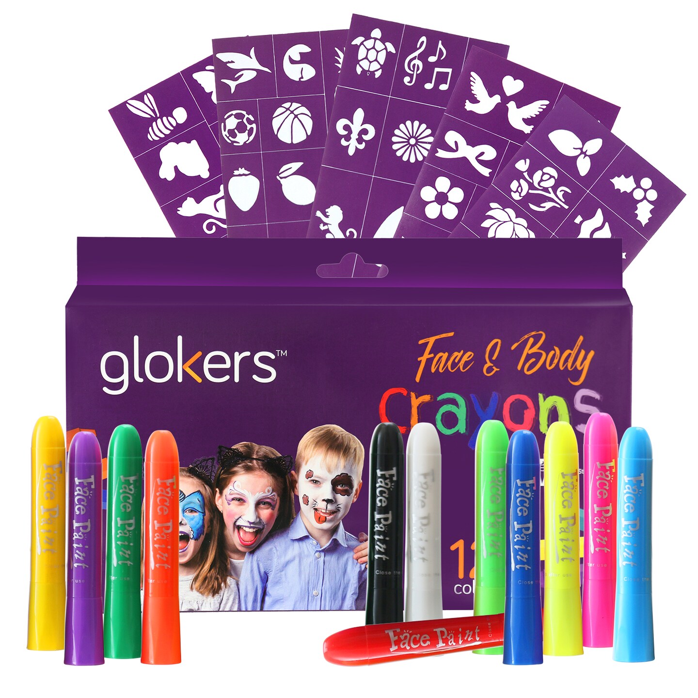 Glokers Face and Body Crayons Set - 12 Colors Washable, Non-Toxic and Hypoallergenic Paint Sticks - Sweat Proof Painting Markers for Children and Adult Costume, Halloween Parties. Bonus 50 Stencils