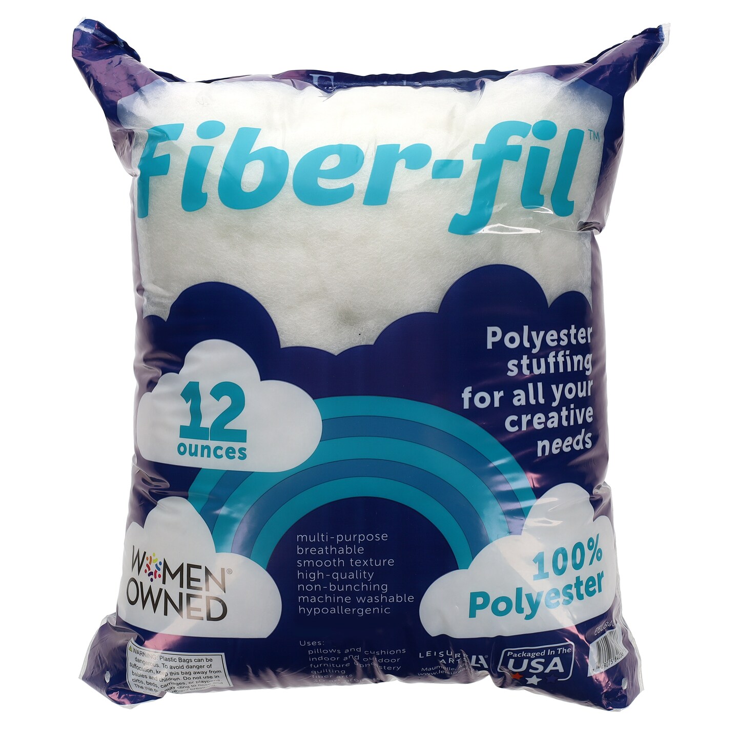 Essentials by Leisure Arts Polyester Fiber-Fil, Premium Fiber-Fil Stuffing, 12oz Bag, High Resilience Polyfill for filling Stuffed Animals, Crafts, Pillow Stuffing, Cushion Stuffing