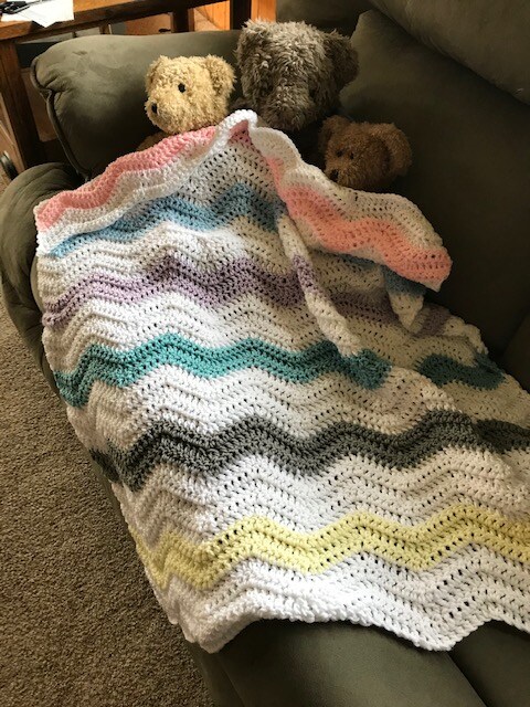 Blue and Yellow Chevron good Handmade Knit Baby Blanket