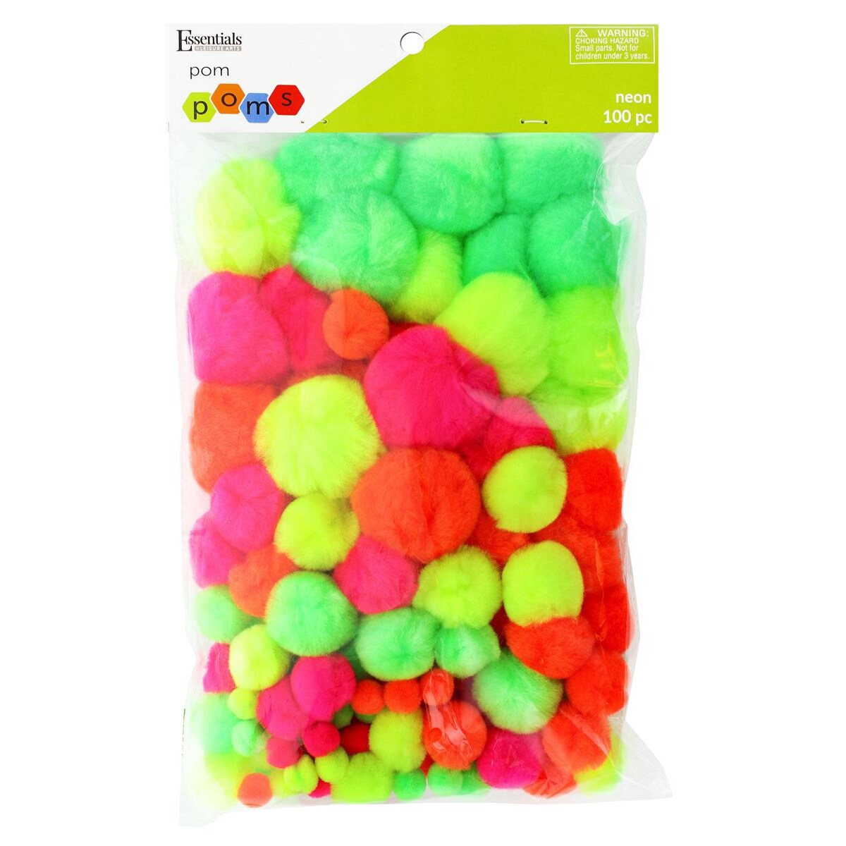 Essentials By Leisure Arts Pom Poms, Neon -Assorted Sizes, 100 Pieces Per Pack